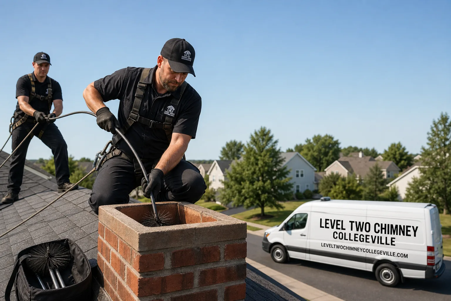 Level Two Chimney Collegeville chimney cleaning service vehicle and crew in Collegeville, PA